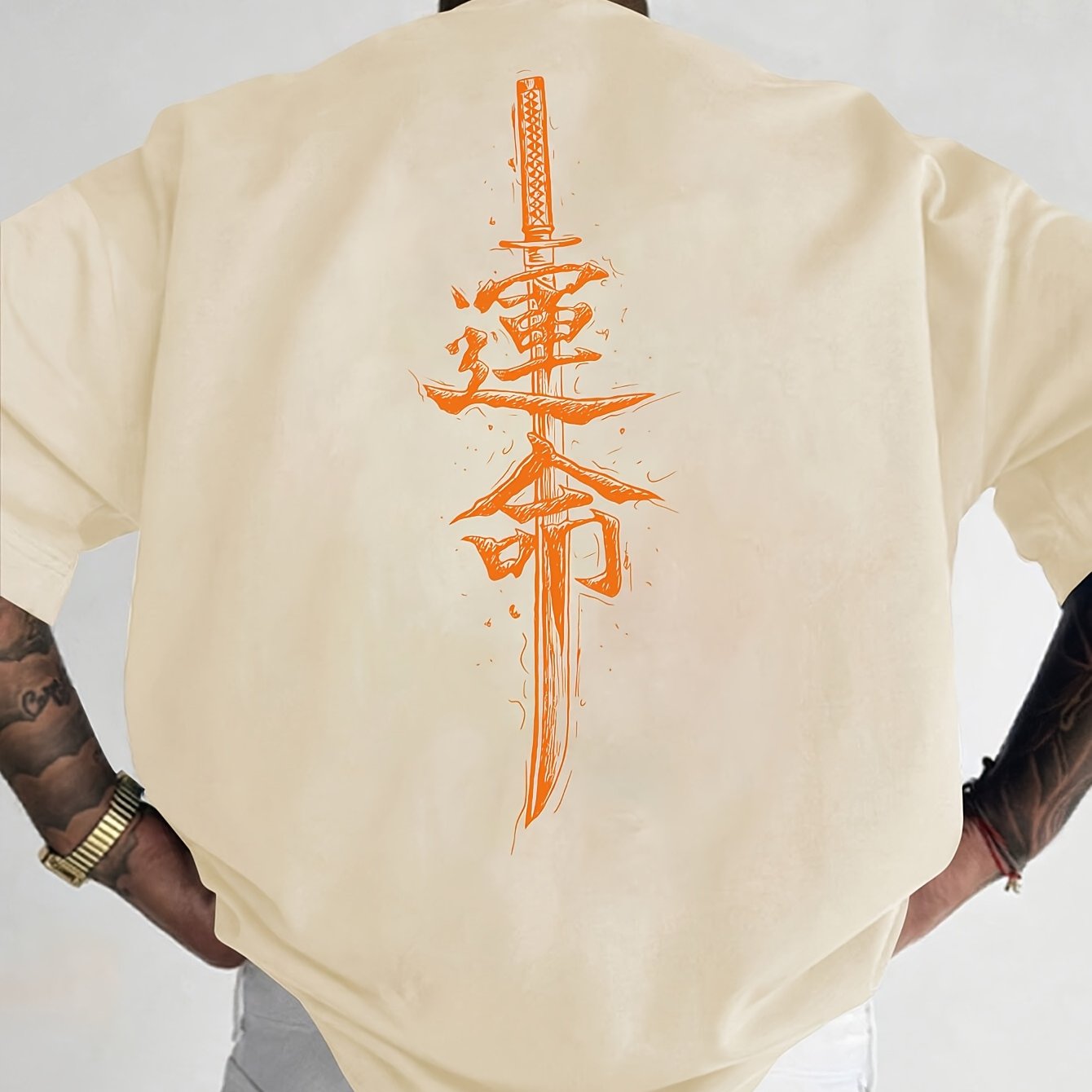 Men'S Japanese Samurai Sword Graphic T-Shirt - Casual Loose Fit Crew Neck, Short Sleeve Tee with Red Stylized Japanese Katanas Design, Breathable Polyester for Spring & Summer Outdoor Wear