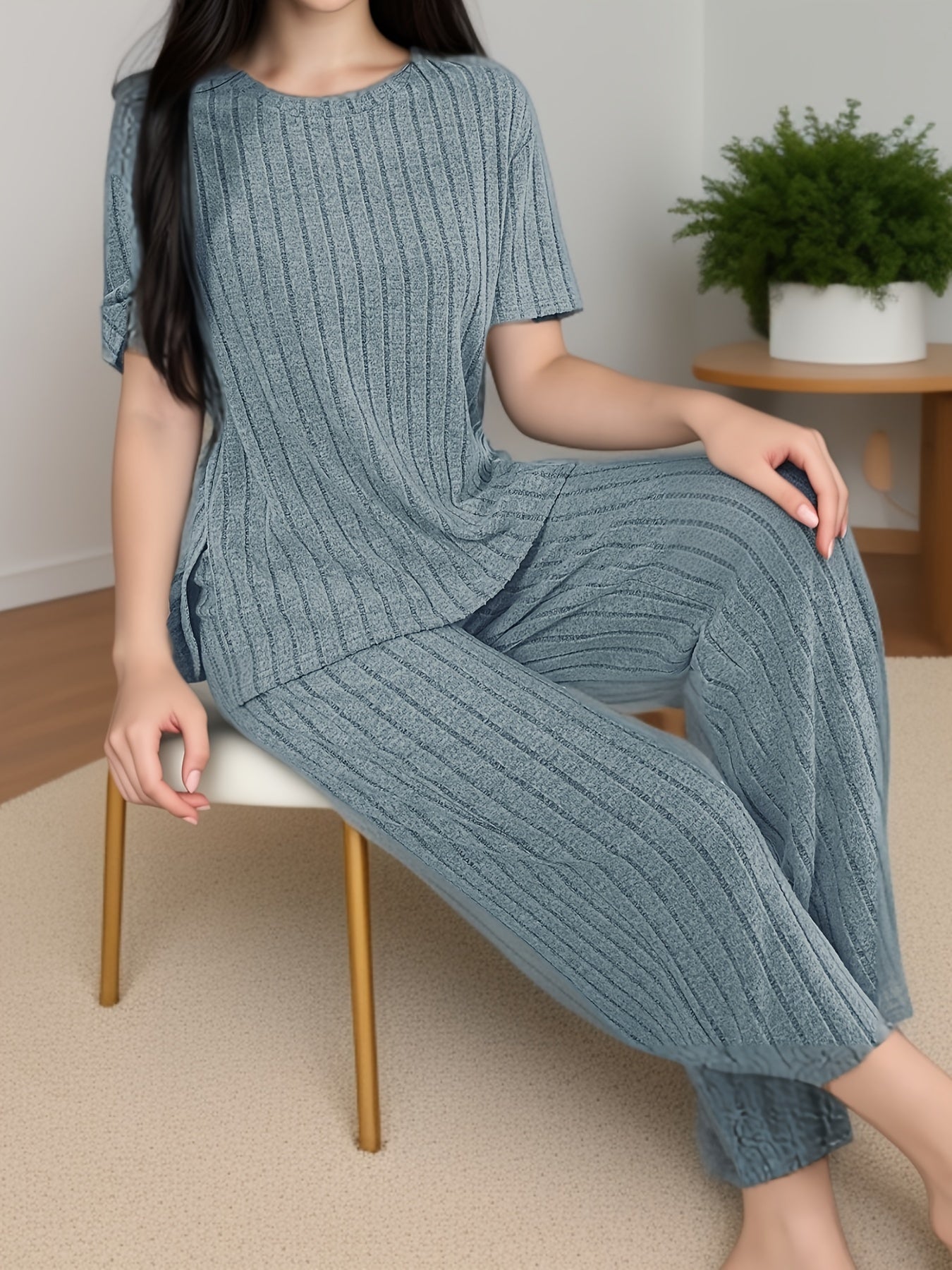 Women's Solid Ribbed Elegant Loose Fit Lounge Set, Short Sleeve Round Neck Top & Pants, Comfortable Relaxed Fit