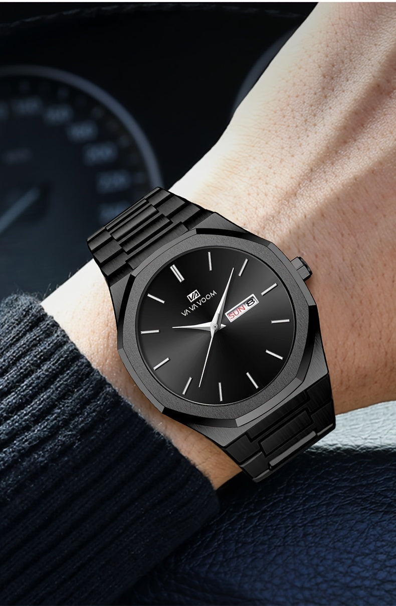 1pc Men'S Luxury Business Style Watch - Blue & Golden Stainless Steel, 42mm, Dual Calendar Quartz Movement, VA VOOM Brand, Outdoor Sports & Leisure Gift, Outdoor Sports Watch | Elegant Watch Design | Quartz Watch Movement, Lu