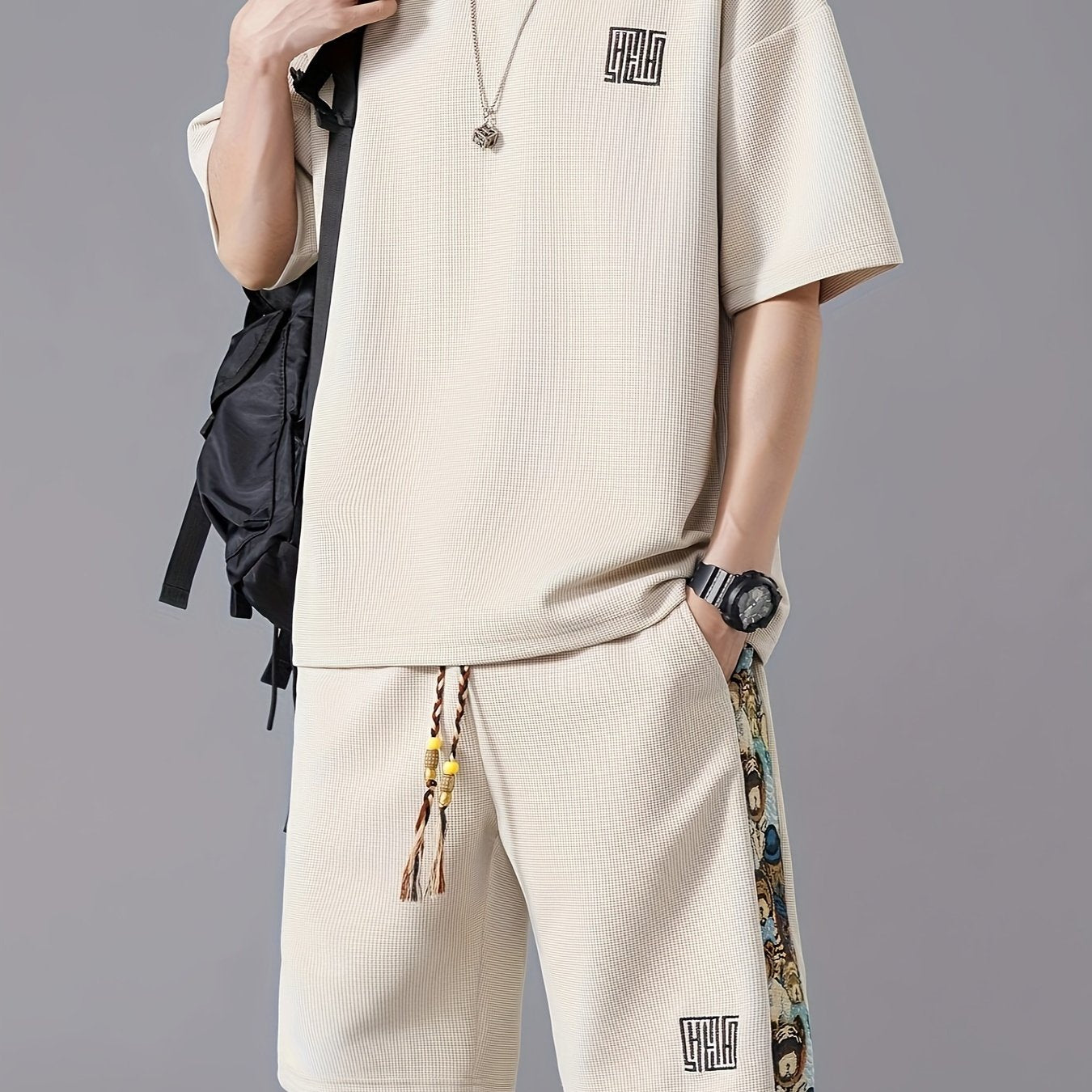 Men's Summer Casual Fashion Set: Embroidered Loose-Fit T-Shirt & Shorts - Breathable Polyester Blend, Non-Stretch Fabric, Pineapple, Sports Set
