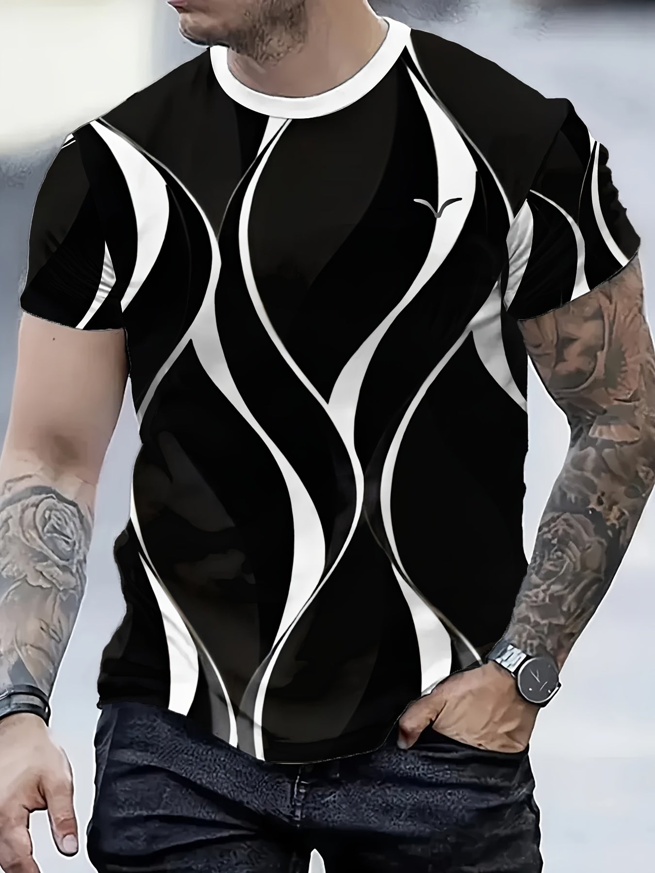 Men'S 3D Lightning Print T-Shirt, Casual Crew Neck Short Sleeve Tee, Summer Knit Polyester Blend Top, Slight Stretch, Black & White Geometric Pattern, Regular Fit, Fashionable Tshirt | Modern Casual Style | Polyester Blend