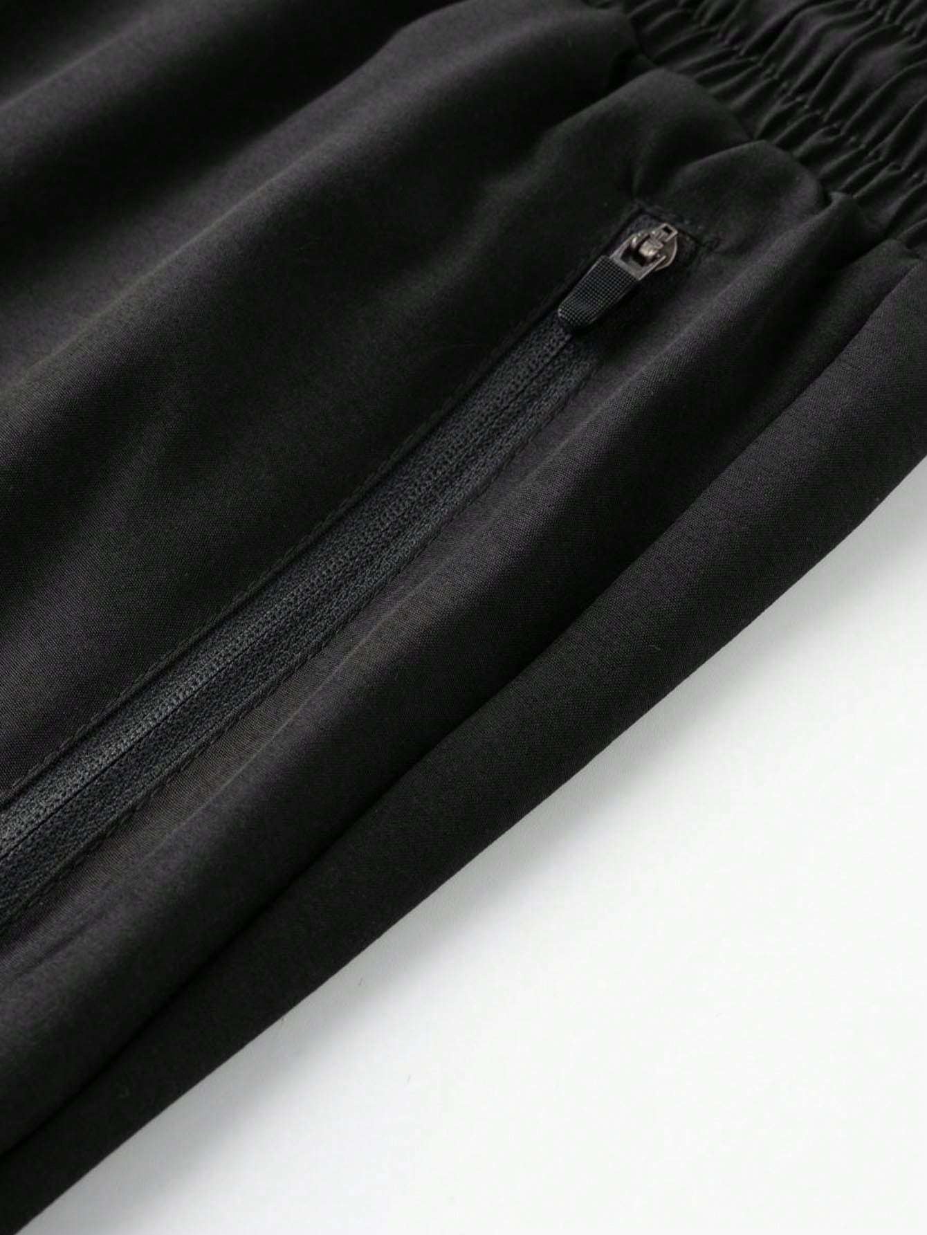 Men'S Casual Sportswear Set - Black Jacket with Zipper Pockets & White Accents, Matching Pants, Perfect for Spring & Fall, Sportswear Outfit|Zippered Jacket|Functional Pockets