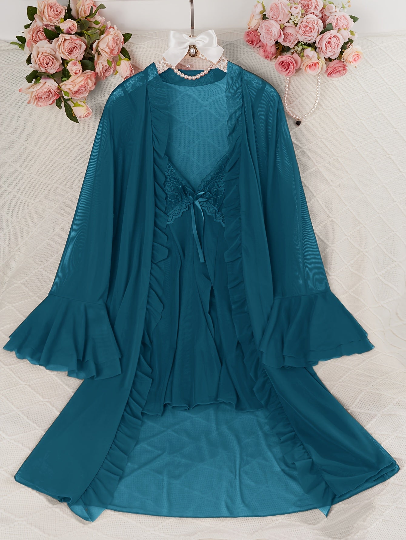 Sexy Mesh Semi-Sheer Strap+Cute Ruffle Long Sleeve Lightweight Mesh Outerwear Pajama Set