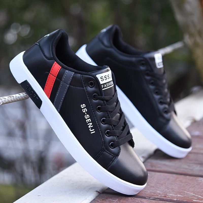 Men'S Fashion Sneakers, White PU Low Top Lace-up Casual Walking Shoes, Solid Striped Design, Breathable Non-Slip, All-Season, Round Toe, Fabric Inner, PVC Sole, Cloth Insole - Preppy Vintage Style