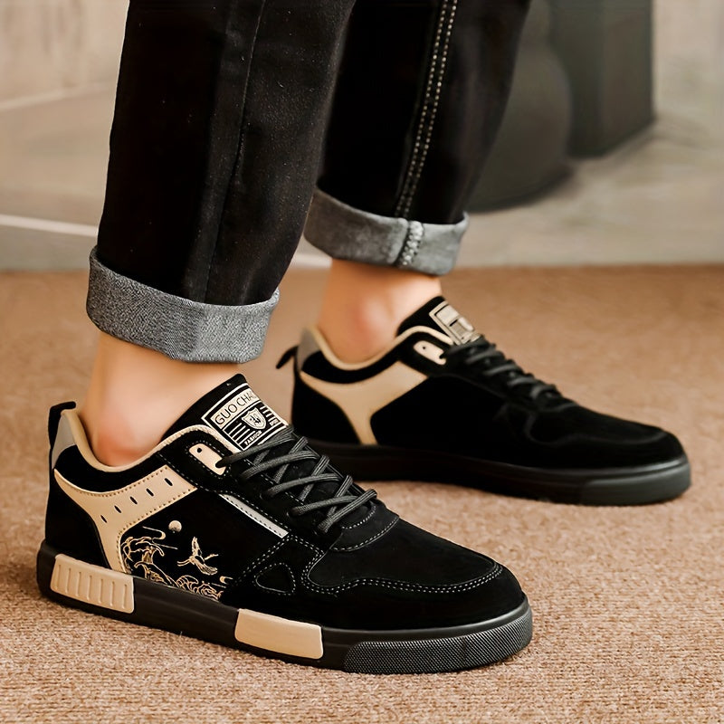 Men's Spring Collection Black and Beige Casual Sneakers - Anti-Slip, Odor-Resistant, Thick Rubber Sole for Height Boost, Lace-Up Sports Shoes with Fish Design