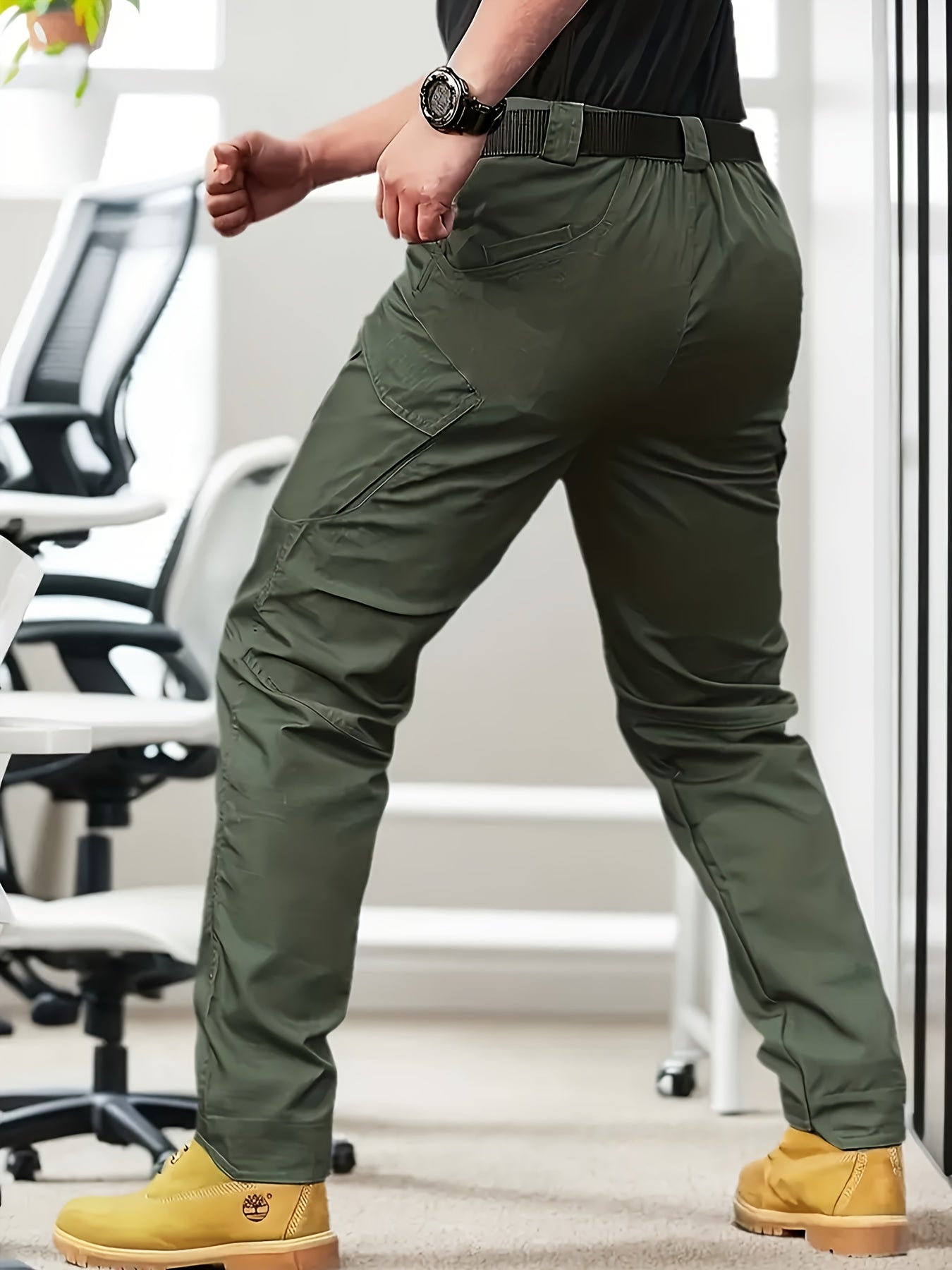 Men's Olive Green Tactical Cargo Pants - Durable Polyester, Multi-Pocket Design for Hiking & Outdoor Adventures, Machine Washable, Camping Gear