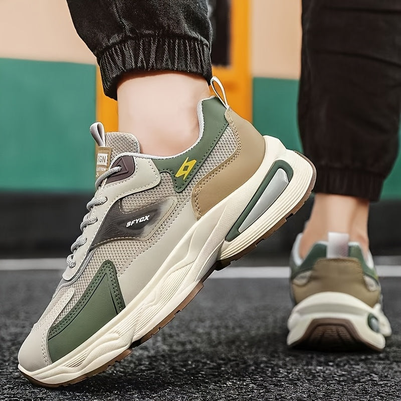 Men'S Casual Sports Shoes - Thick-Soled Lace-Up Sneakers with Synthetic Upper, Cushioned EVA Insole & PVC Sole for Outdoor Hiking, Running, Gym - All-Season Comfort in Beige/Black, Brown/White, Green/White, Versatile Trainers