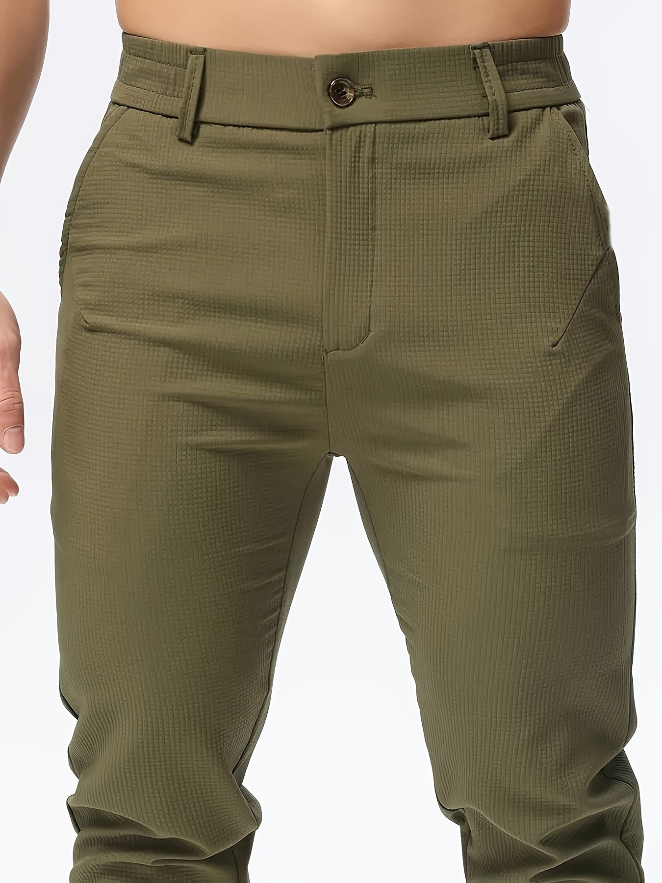 Men's Casual Solid Color Pants - Polyester, Machine Washable, Button Detail, Regular Fit for All Seasons