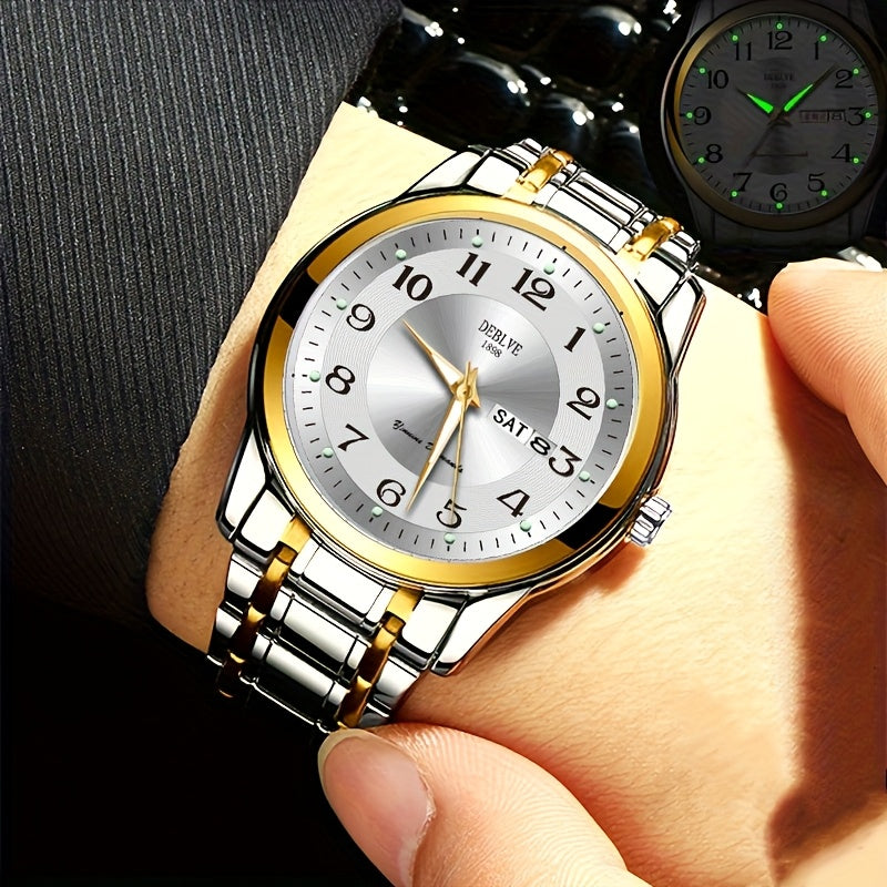 DEBLVE Men'S Fashionable Stainless Steel Watch with Luminous Numbers, Calendar & Week Display - Quartz Movement, Business Style, Ideal for Travel & Daily Use