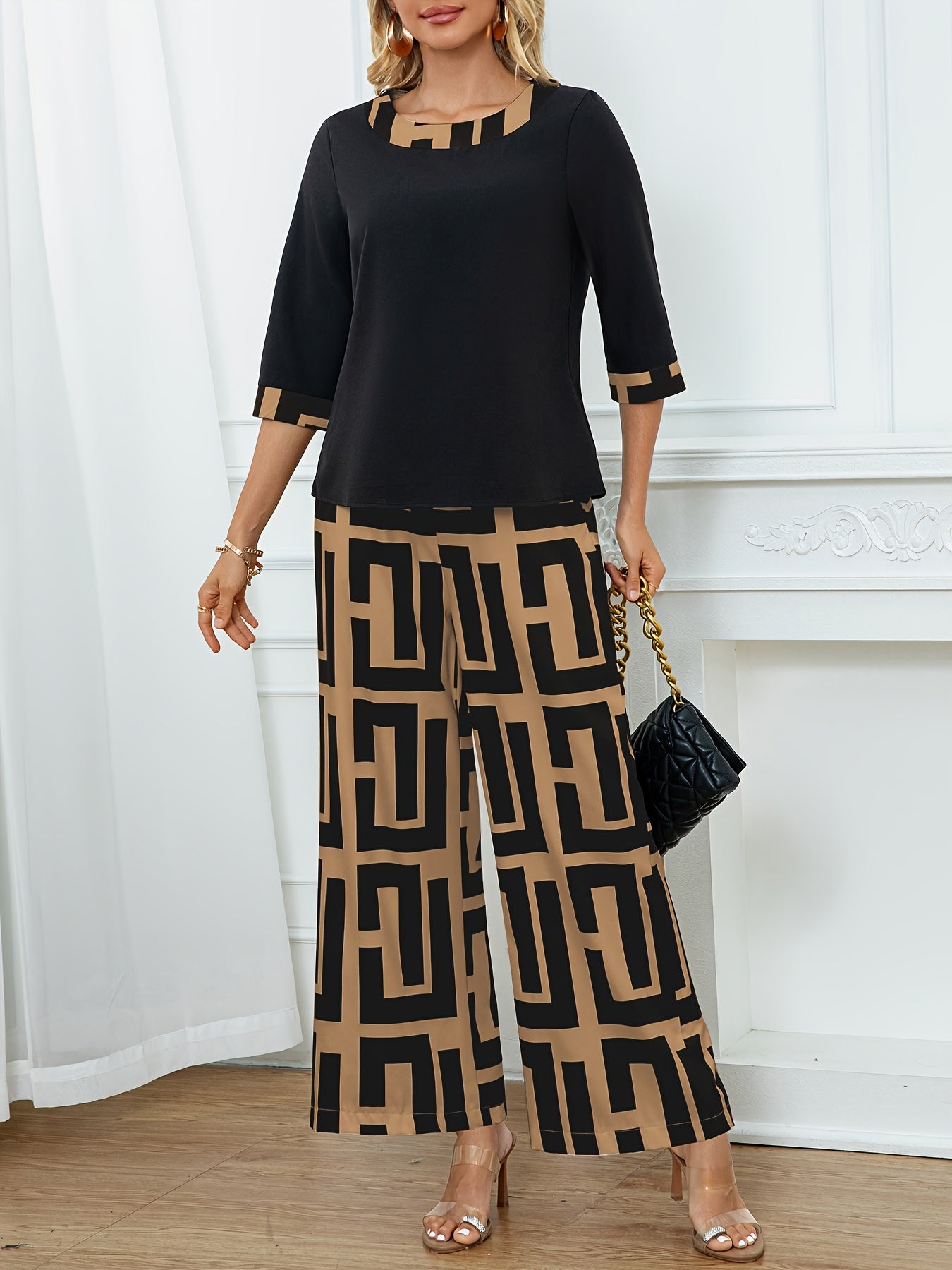 Women's Elegant Spliced Round Neck Top + Geometric Print Wide-Leg Pants Two-Piece Set