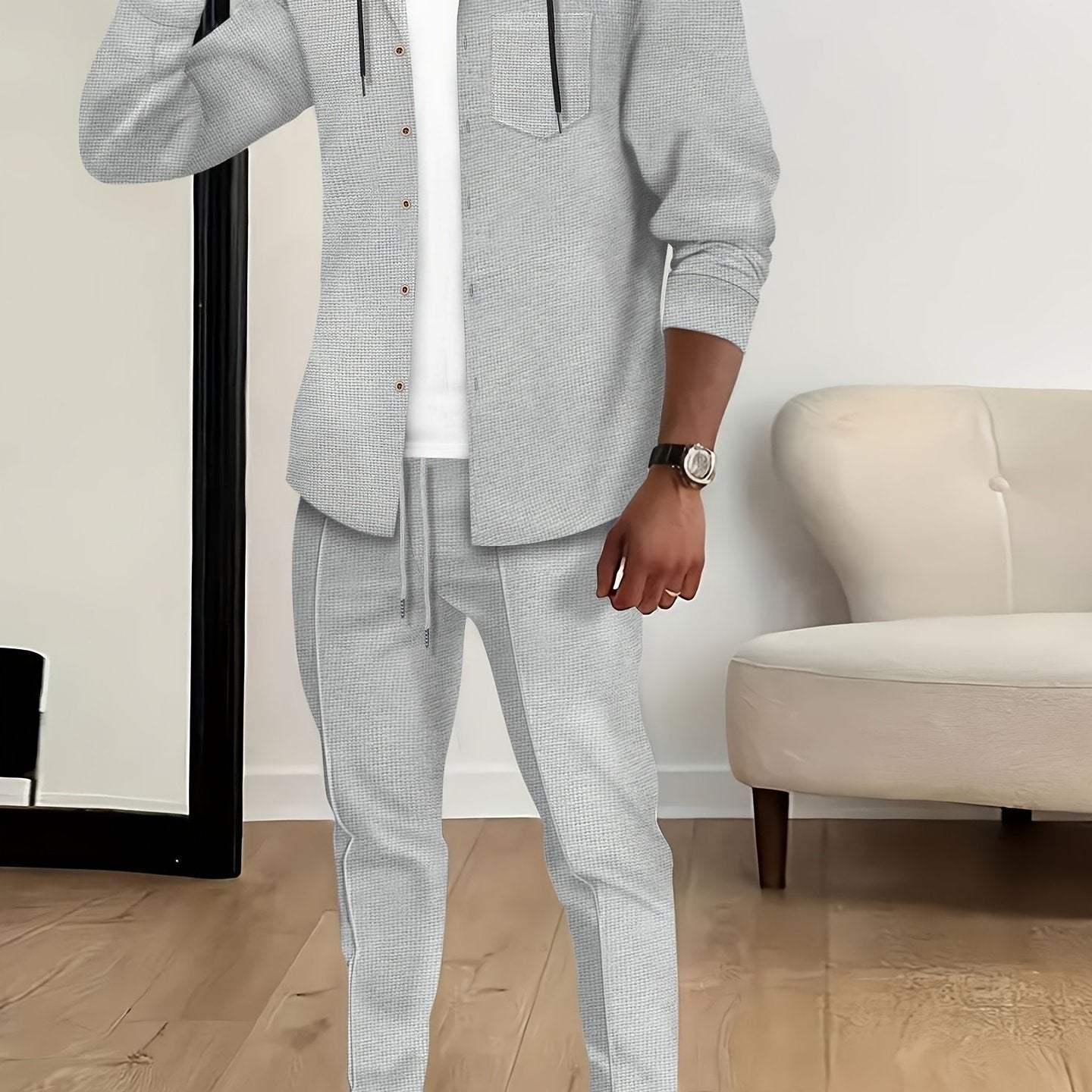 New Long Sleeve Buttoned Hooded Jacket and Rope Pants Set for Spring and Autumn, Waffle Solid Classic Men's Sports 2pcs Sports Suit - Sports Suit for Outdoor Sports Enthusiasts, Breathable and Comfortable