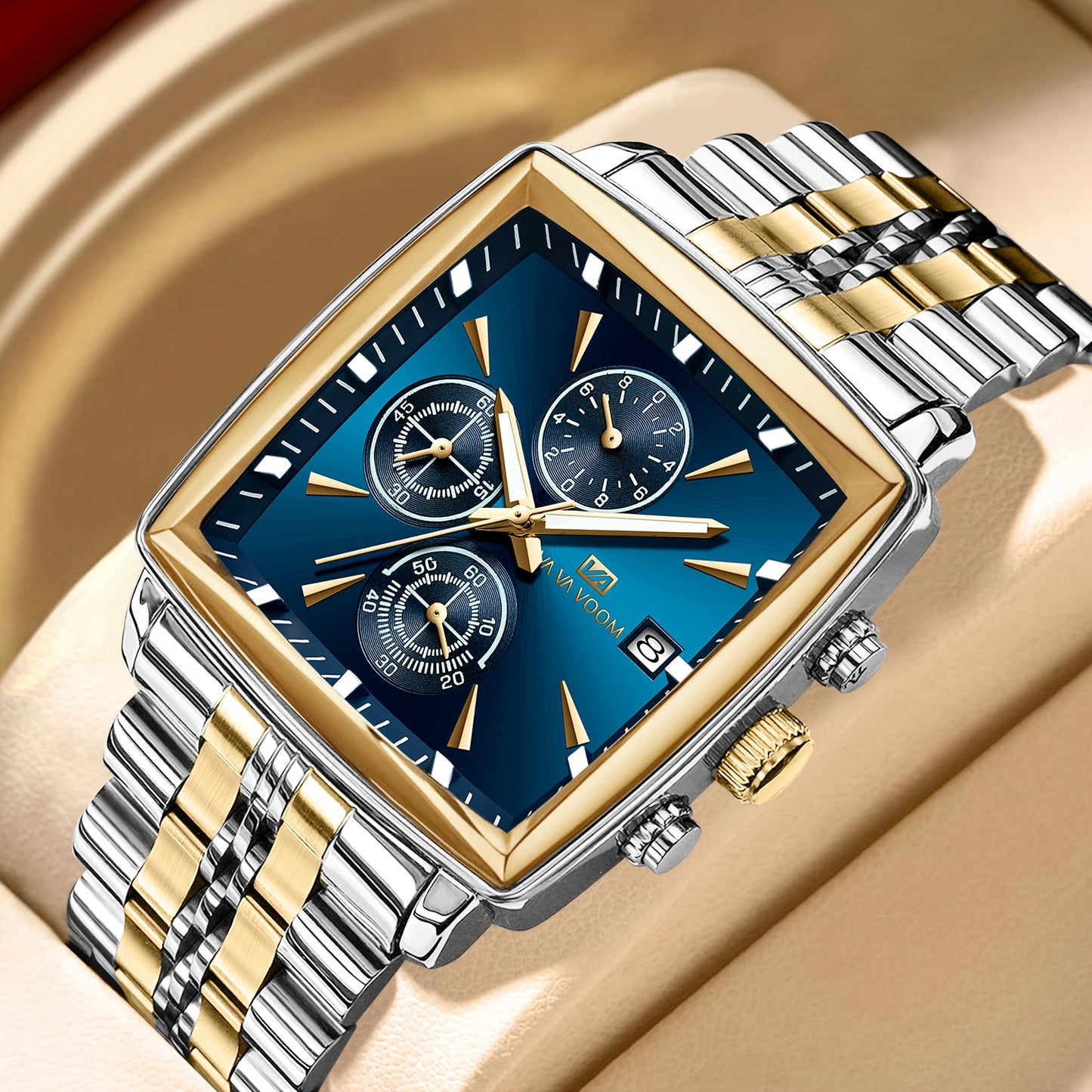 VA VA VOOM Brand New Arrival 1pc Fashionable Golden & Blue & Silveryy & Black Stainless Steel Strap, Oversized Square Dial, Multifunctional Six Needle Three Eyes, with Calendar Window, Luminous Function, High-Quality Fashiona