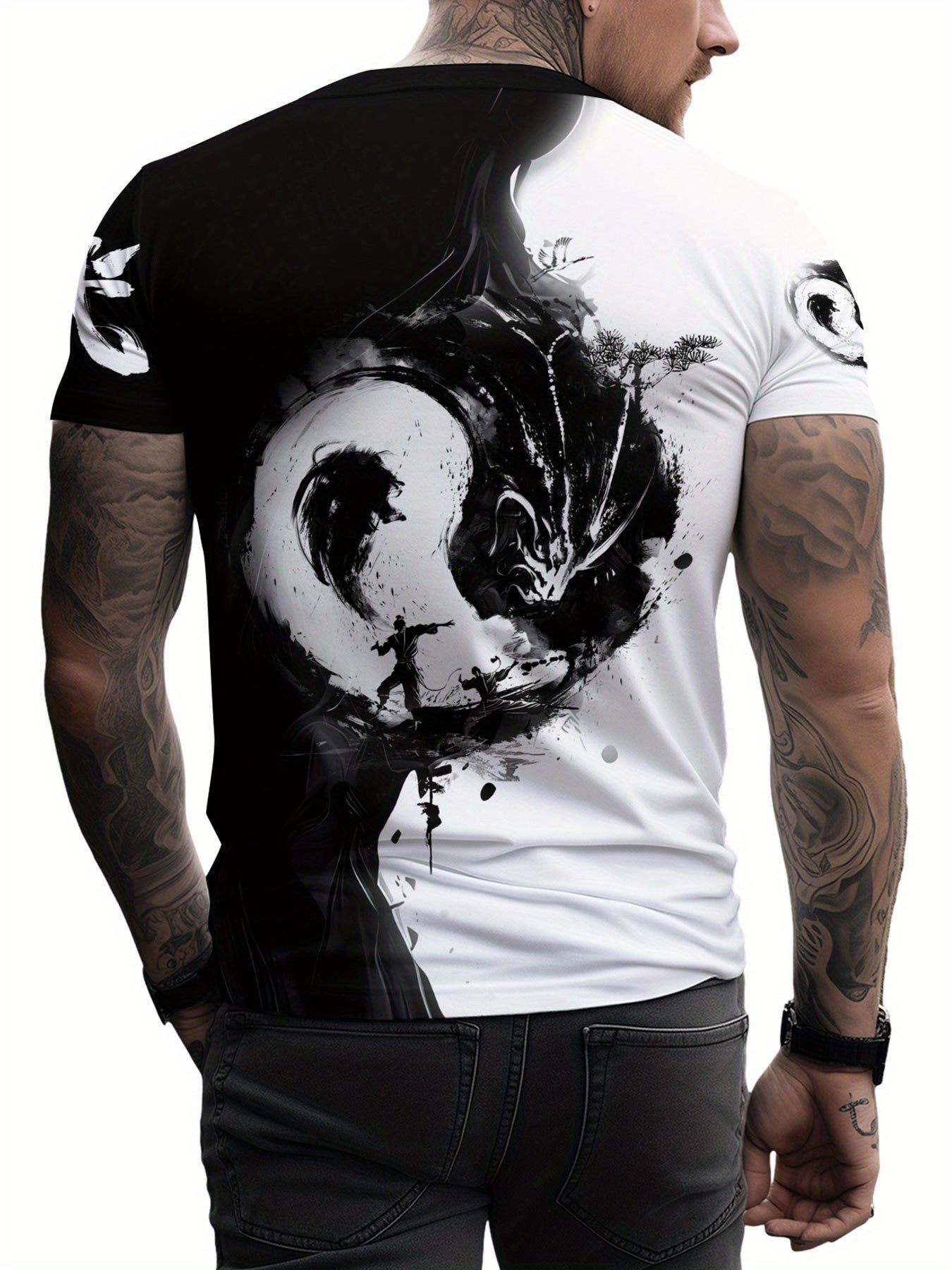Men'S Yin Yang 3D Print T-Shirt - Casual Crew Neck Polyester Tee, Slight Stretch Knit Fabric, Regular Fit, 100% Polyester Fiber, 100g/m²