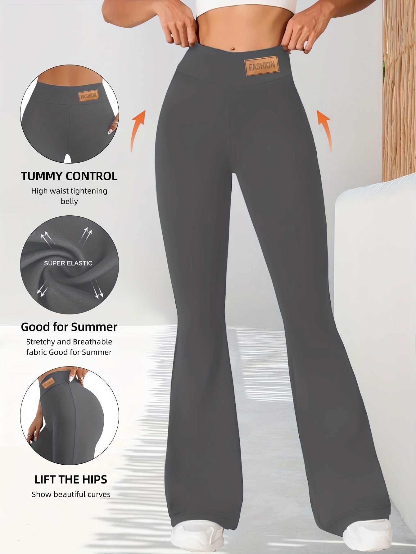 High-Waisted Flared Leggings for Women - Stretchy Black Polyester Pants with Tummy Control, Slimming Fit, and Breathable Design for Spring/Summer/Fall Casual Wear, Spring Summer Leggings | Fitted Leggings | Elastic Waistband
