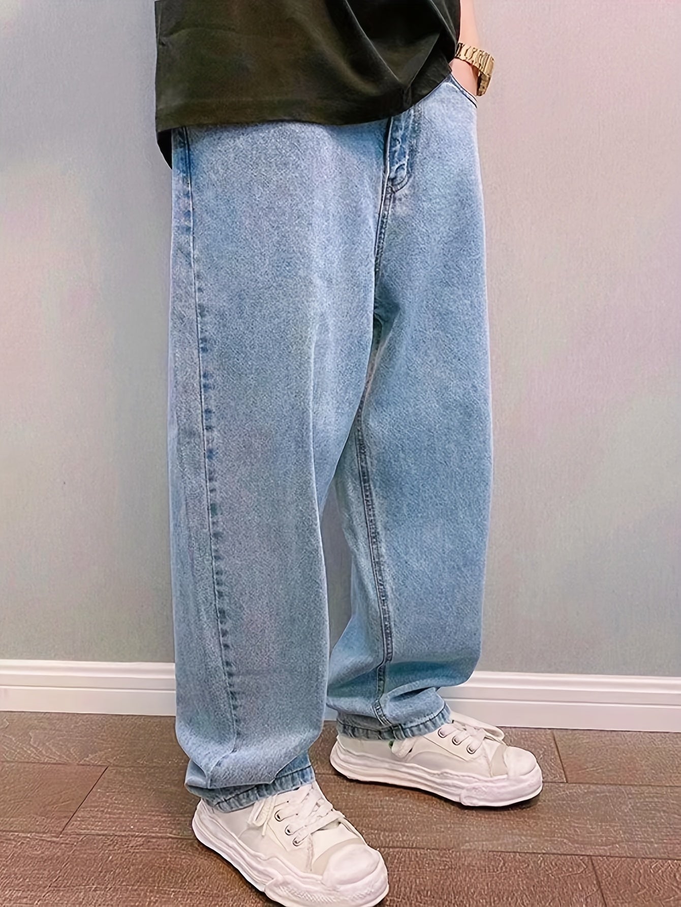 New Men'S Long Pants for Spring And Summer 2024, Light Blue Washed Denim, Loose-Fitting Casual Street Style Jeans.