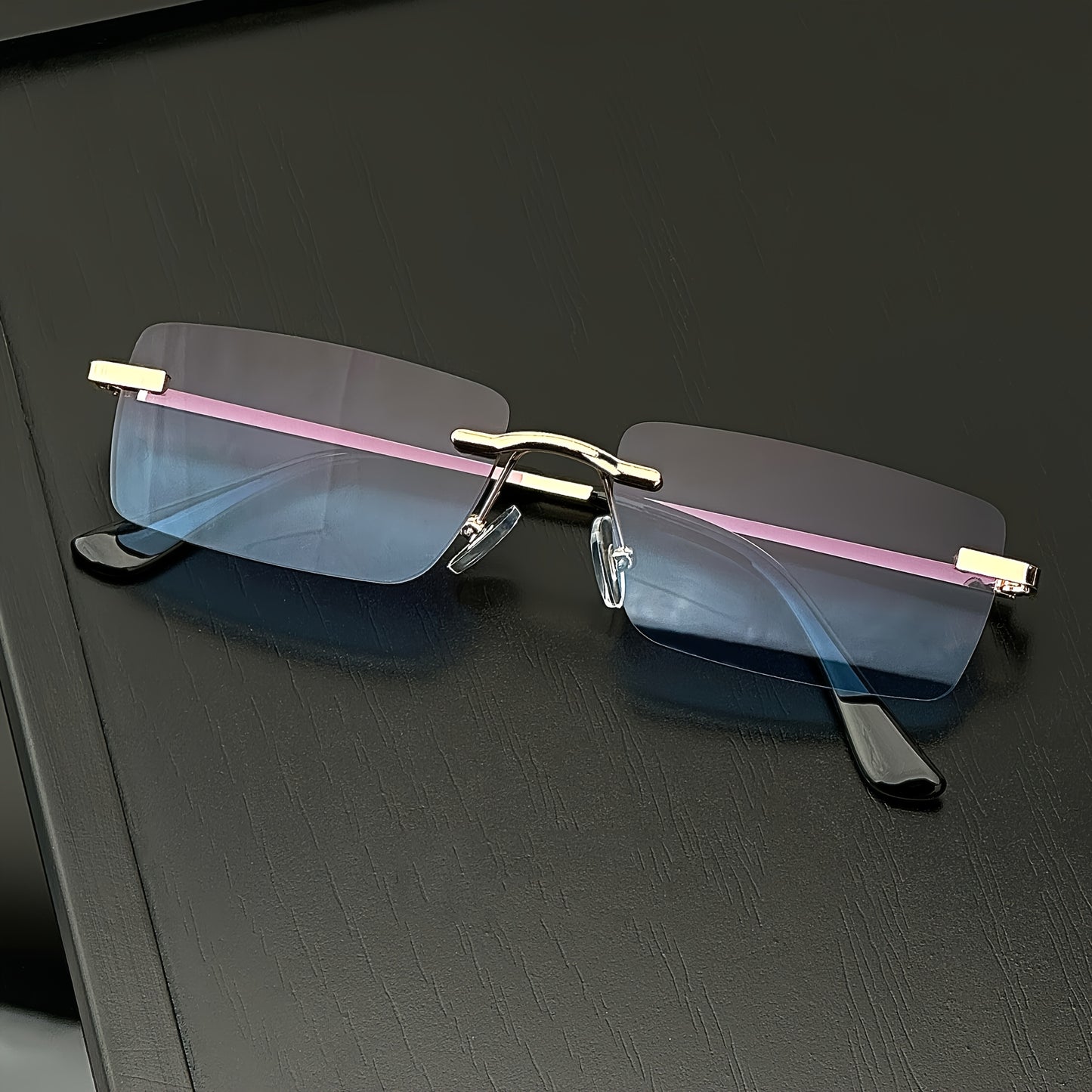 1 Pair of Men'S Metal Rectangular Rimless Glasses - Stylish Black Stainless Steel Frame with Blue-Tinted Lenses for Casual Streetwear, Parties & Gathering