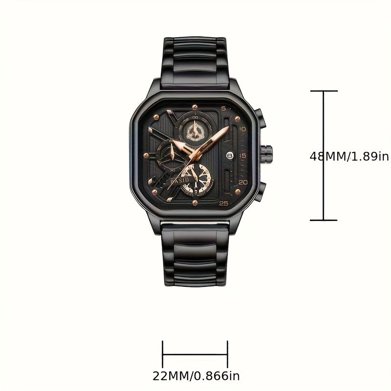 BASID Men's Elegant Square Analog Quartz Watch with Date Display & Stopwatch - Stainless Steel Strap, Black Dial - Casual & Dress Watch for Men, Unique Gift Idea, Versatile Wristwatch, Sleek Watch Design, Polished Finish
