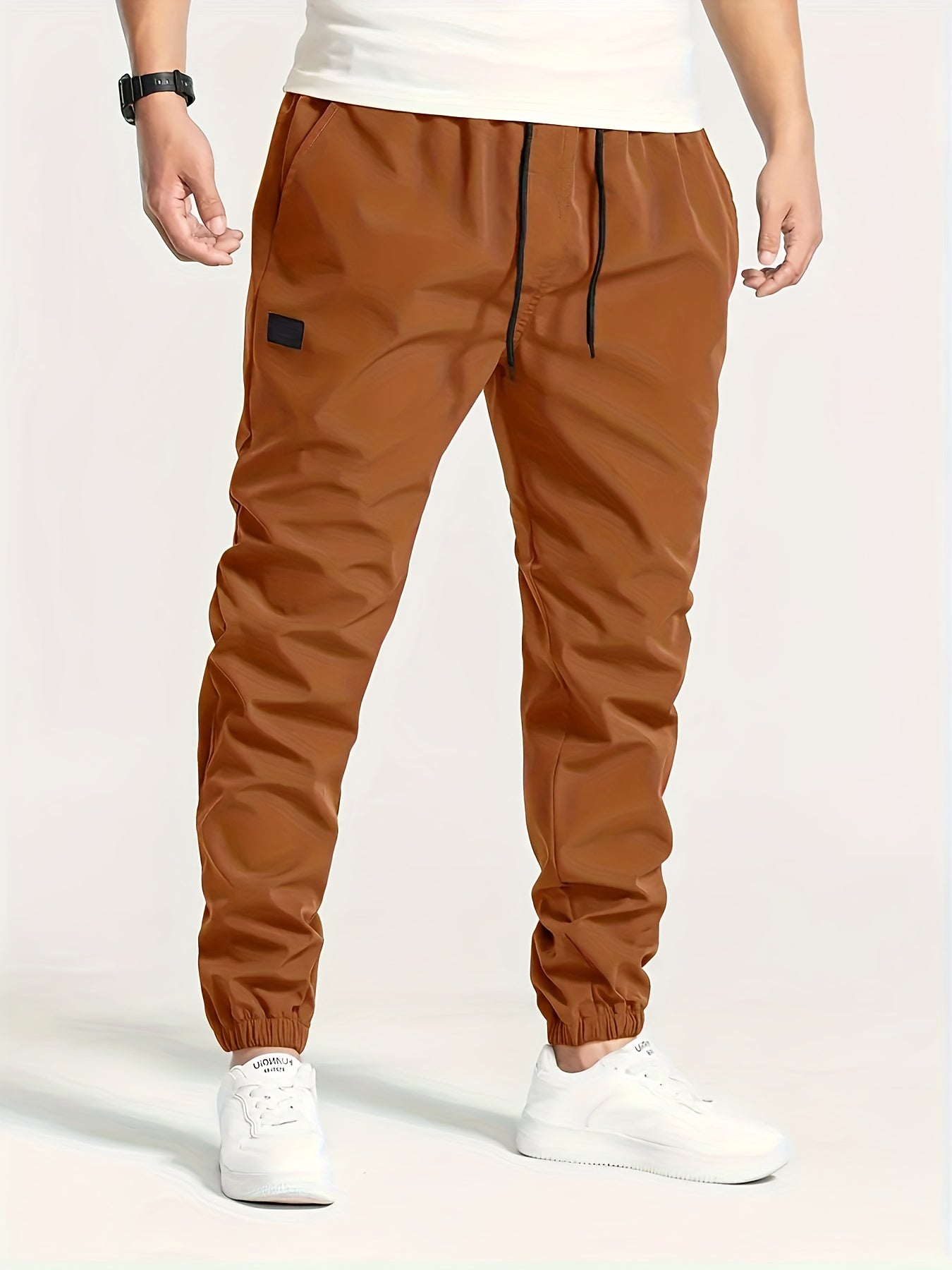 Men's Solid Color Drawstring Cargo Pants - Casual, Loose Fit with Multiple Pockets, Machine Washable