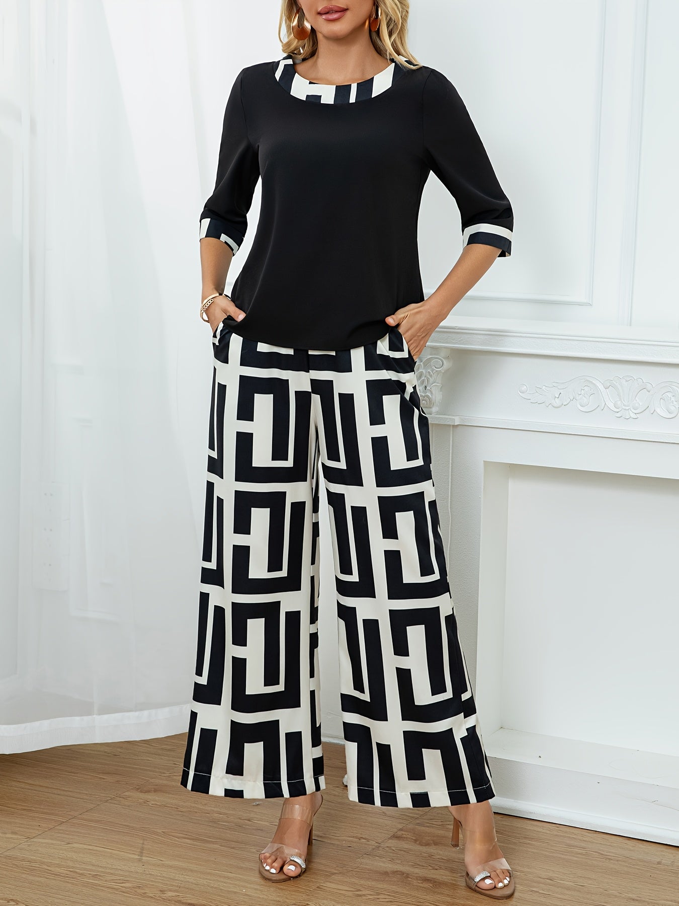 Women's Elegant Spliced Round Neck Top + Geometric Print Wide-Leg Pants Two-Piece Set