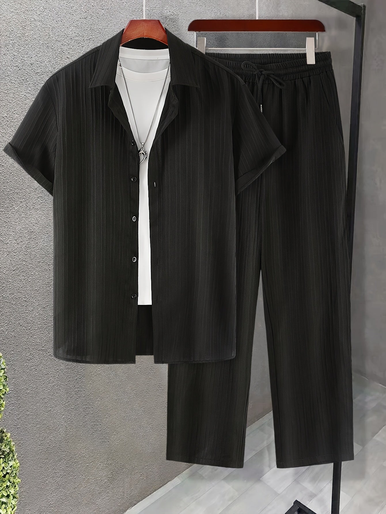 New Men's Short-Sleeved Cardigan Turnover Collar Shirt and Trousers Home Leisure Outerwear Set Men's Fashion Striped Style