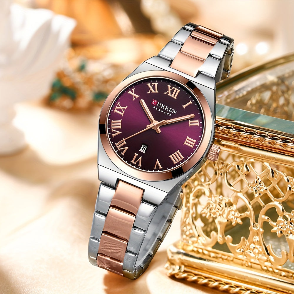 Fashionable Brand Of CURREN Ladies' Watches With A Casual And Simple Stainless Steel Strap, Featuring A Calendar And Quartz Movement.