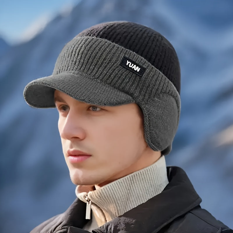 Men'S Winter Ear-Protecting Knitted Cap with Fleece, Warm Duckbill Hat for Outdoor Youth Cycling in a Color-Block Design.