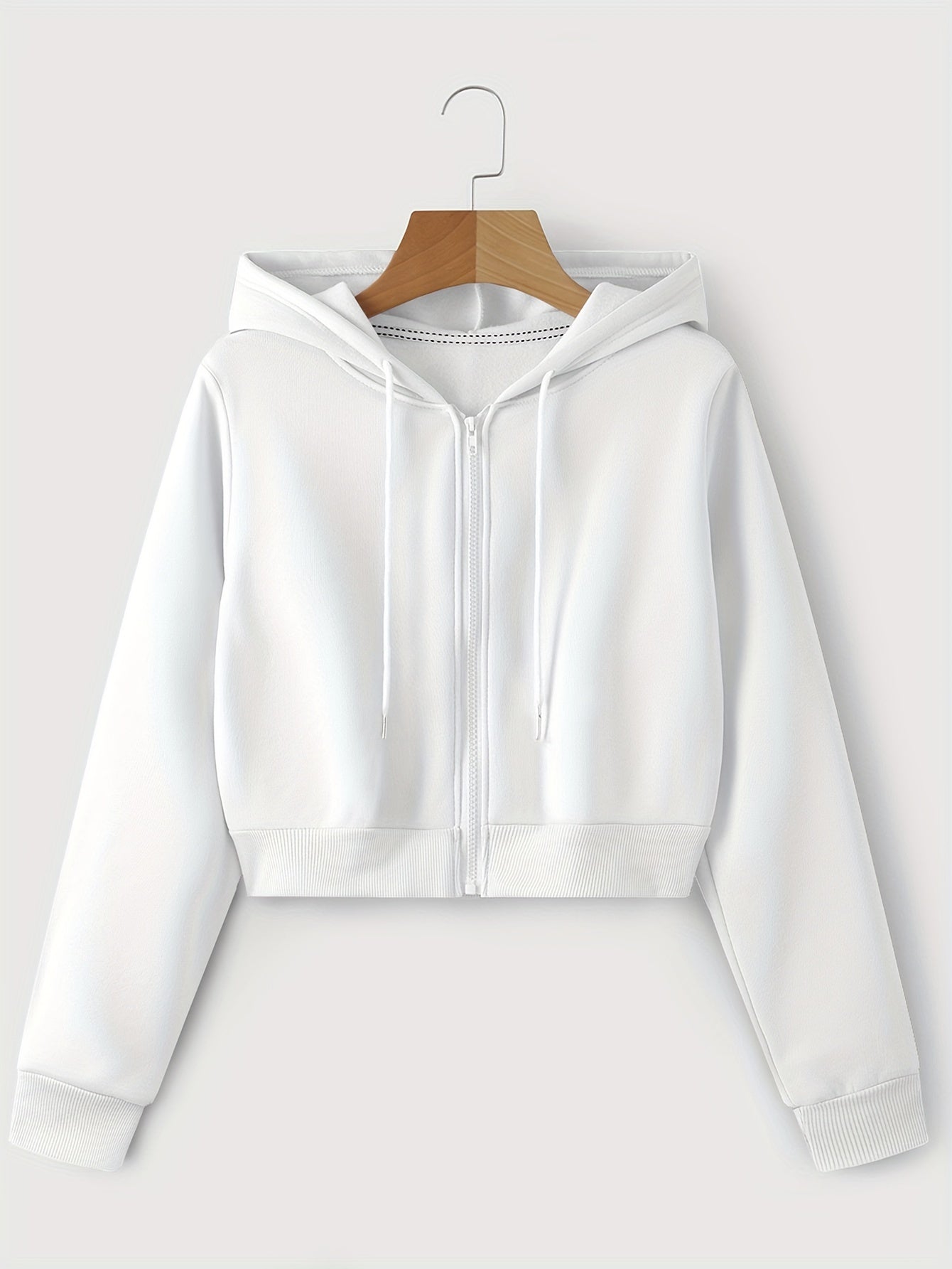 Zip Up Cropped Drawstring Hoodie, Casual Long Sleeve Sweatshirt For Spring & Fall, Women's Clothing