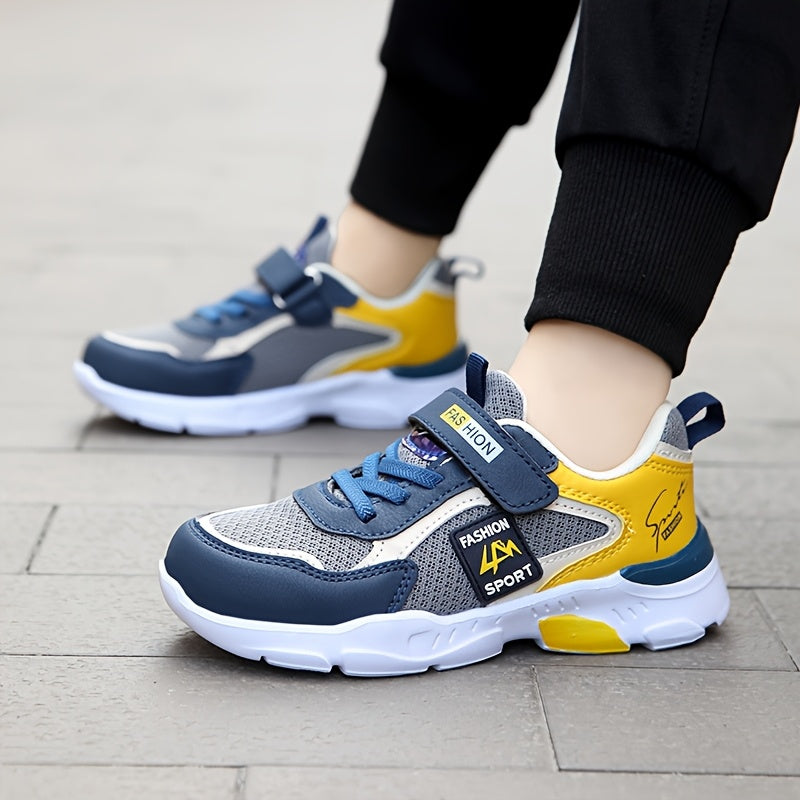 Kids' Low-Top Outdoor Sports Shoes with Closure - Breathable Mesh & Upper, EVA Cushioned Sole for Hiking Running Basketball - Grey/Yellow/Blue Colorway, All-Season Boys & Girls Sneakers, Kids Hiking Gear, Durable Kids Footwea