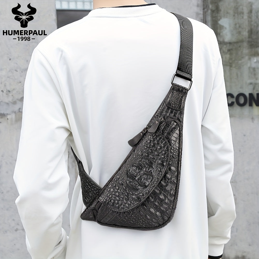 HUMERPAUL Men'S Casual Brown Leather Crossbody Bag with Alligator Print - Adjustable Strap, Multi-Compartment, Everyday Commute Shoulder Bag, Everyday Bag | Casual Style Bag | Adjustable Strap Bag