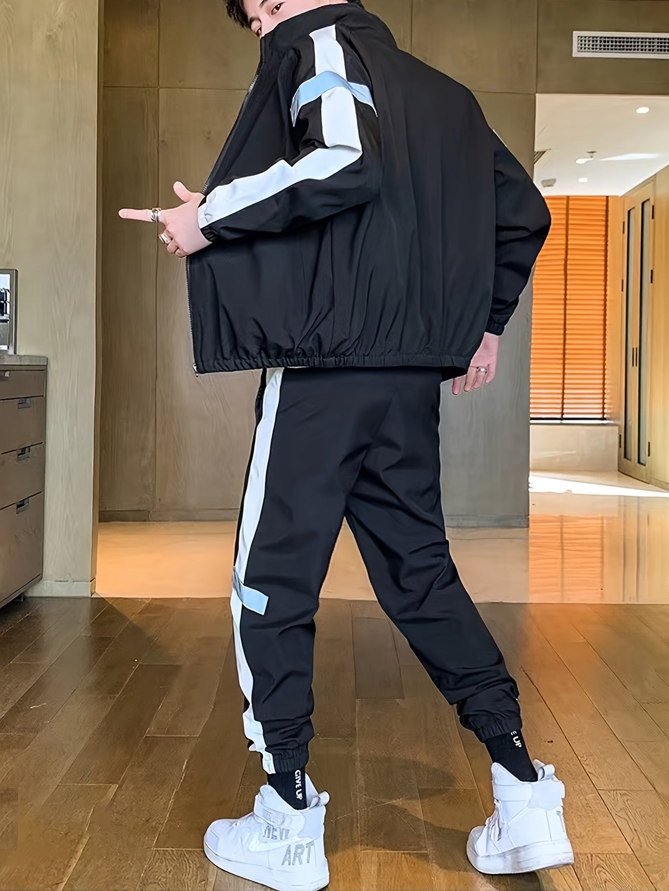 Men's Casual Sportswear Set - Black and White Striped Zip-Up Jacket with Reflective Accents & Matching Joggers, Polyester, Machine Washable, Ideal for Spring & Fall, Jogging Pants