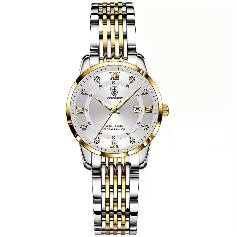 POEDAGAR Elegant Luxury Quartz Watch for Women - Waterproof, Luminous Calendar, Ultra-Thin Movement, Stainless Steel Band, Round Alloy Case, Ideal for Parties and Holidays