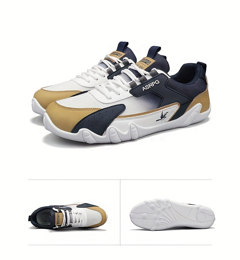 Men's Breathable Low-Top Casual Sneakers - Sporty Lace-Up Walking Shoes with Navy/White/Golden Accents, All-Season Outdoor & Everyday Comfort, Durable Fabric Upper & PVC Sole, Comfortable Footwear, Sleek Shoe Design, Lightwei