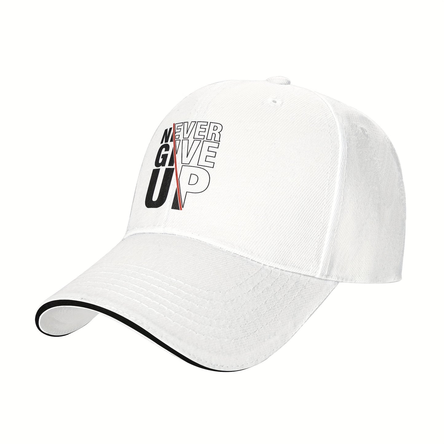 1 Pack Never Give Up Print Baseball Cap - Adjustable Snapback Dad Hat with Breathable Mesh Back, Funky Unisex Trucker Hat for Outdoor Fishing Driving, Black with White & Red Lettering, One Size Fits Most (53.34-63.5 cm)