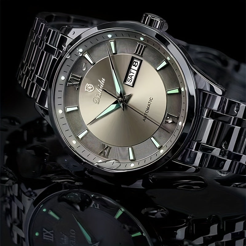 Elegant Men's Stainless Steel Quartz Watch - Luxurious Golden-Tone Business Timepiece with Dual Calendar & Luminous Hands, Waterproof - Ideal Gift for Birthdays & Anniversaries