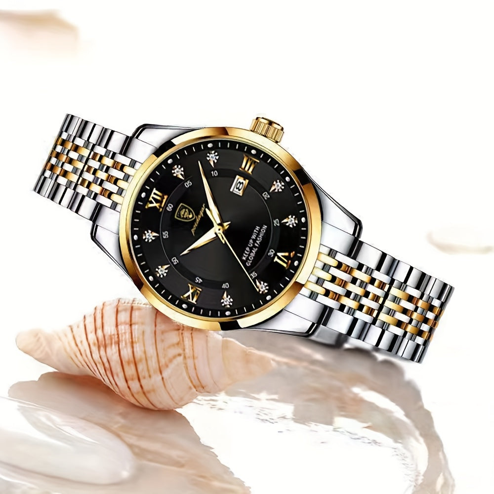 POEDAGAR Elegant Luxury Quartz Watch for Women - Waterproof, Luminous Calendar, Ultra-Thin Movement, Stainless Steel Band, Round Alloy Case, Ideal for Parties and Holidays