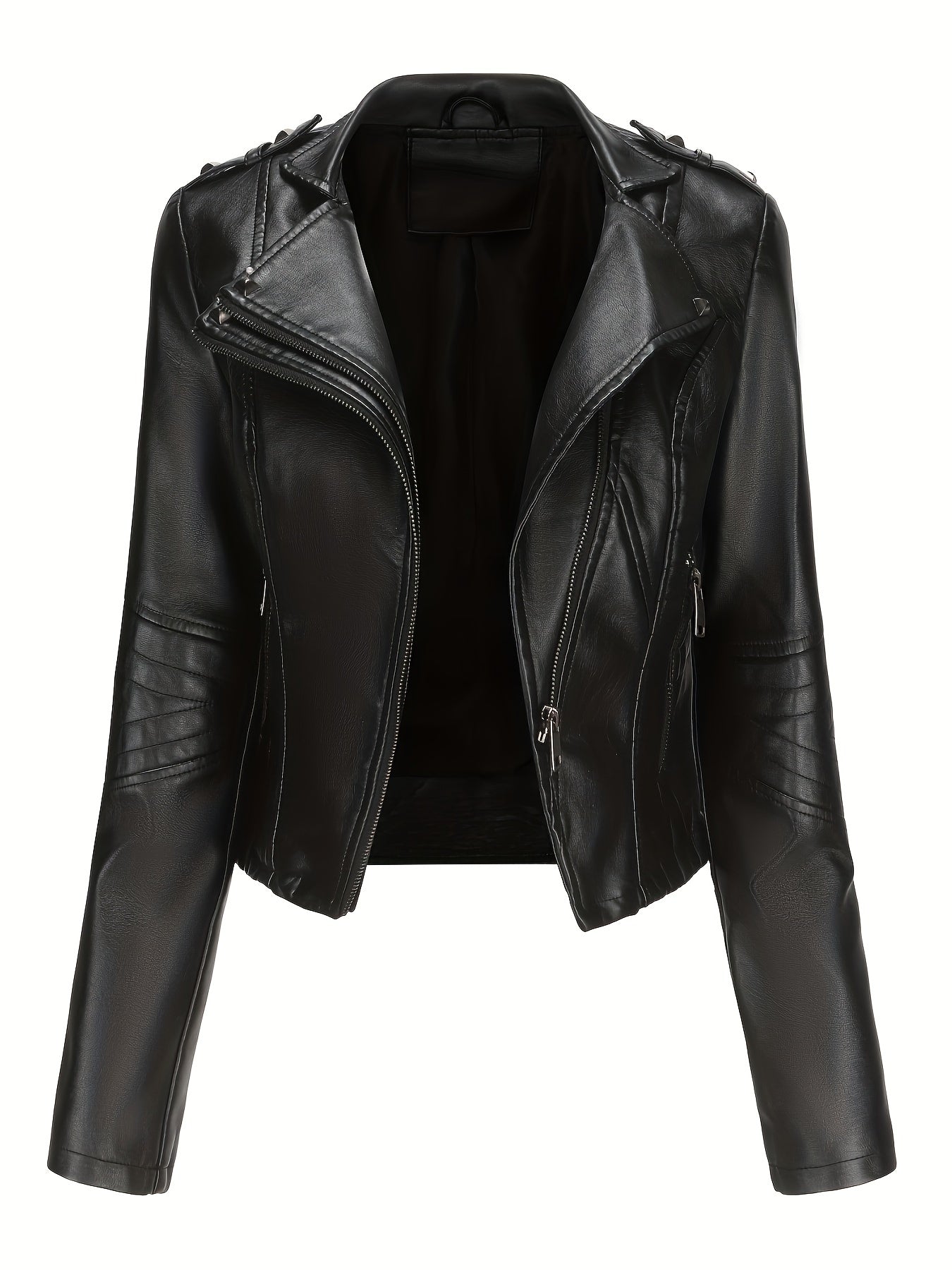 Women'S Casual Faux Leather Jacket, Solid Color, Long Sleeve, Regular Length, Fall/Winter, Zipper Placket, Woven, Non-Stretch Fabric, 100% Polyurethane, Lapel Collar, Dipped Hem Detail