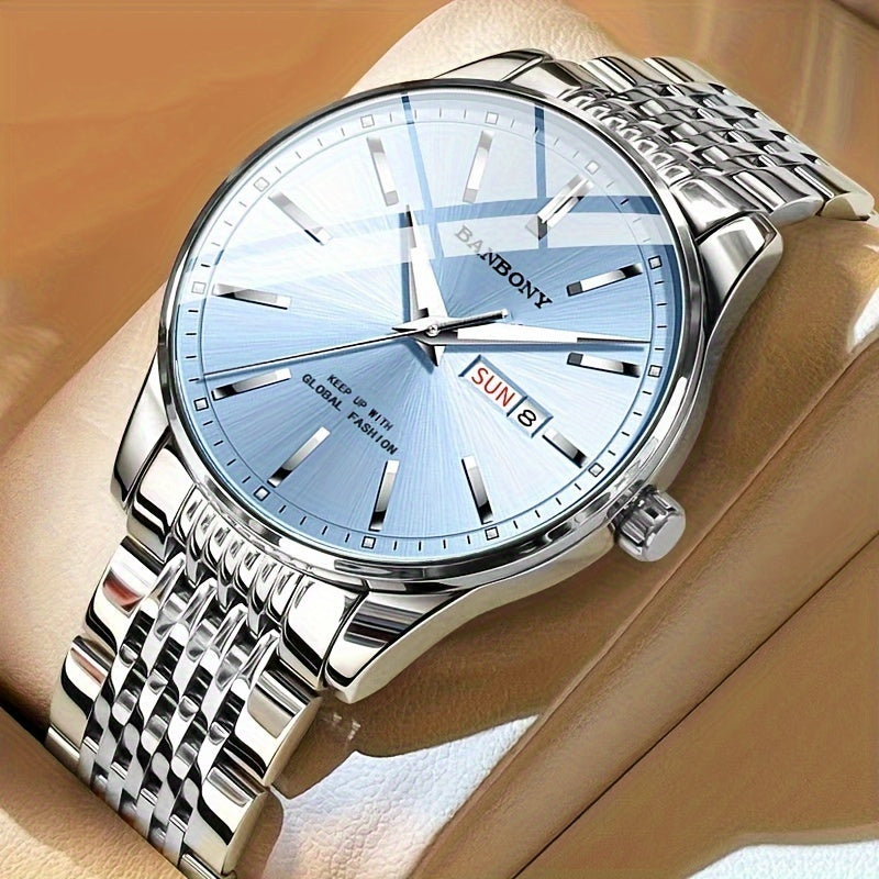 Banbony Men'S Stainless Steel Band Luminous Calendar Watch, IPX7 Waterproof, Quartz Movement, Round Zinc Alloy Case, Casual Fashion Style, with Pointer Display, Battery Powered, Non-rechargeable Button Battery, for B day
