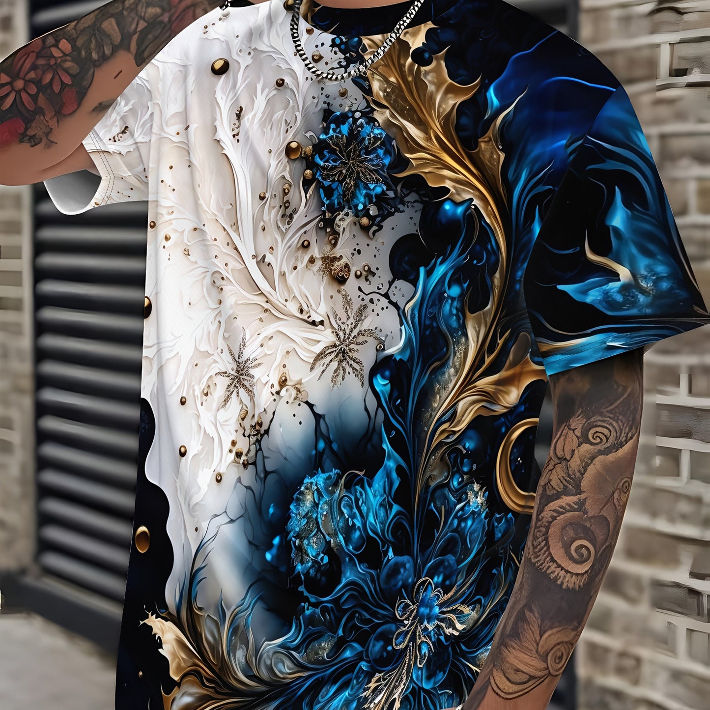Men's Casual Short Sleeve T-Shirt with Dual-Sided Digital Print - White & Blue/Golden Floral Design, Breathable Round Neck Tee, Machine Washable Regular Fit for Casual Attire, Streetwear Style, Bold Pattern, Lightweight Tee,
