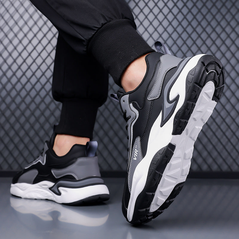 Men's Stylish Color-Block Sneakers - Black & Gray with White Accents, Comfortable All-Day Wear, Durable Rubber Sole, Lace-Up Design, Trendy Low-Top Style for Casual or Athletic Use, Casual Sneakers | Fashion Sneakers | Pu Mat