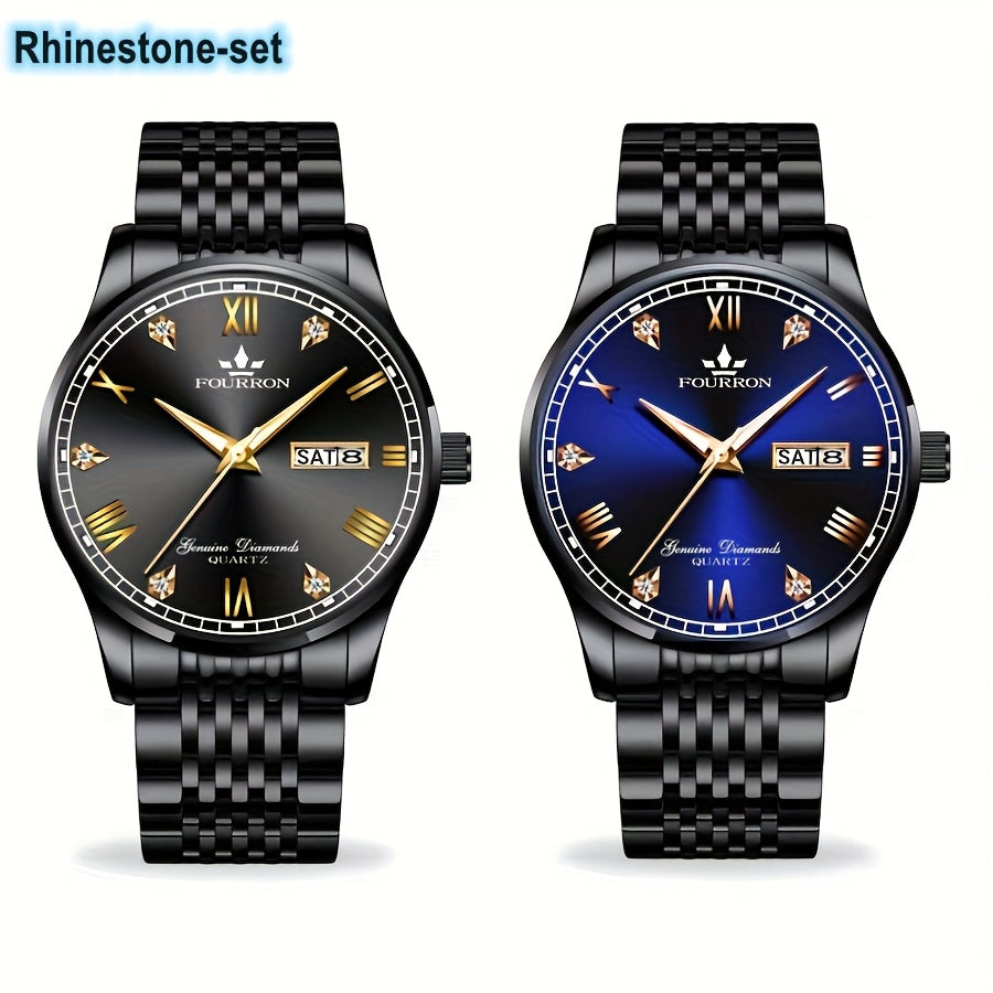 1pc Elegant Rhinestone-Set Stainless Steel Bracelet Watch for Men - Quartz, Date & Calendar Display, Glow-in-the-Dark Hands, Waterproof, Business Casual Style, Ideal Gift for Birthdays & Holidays, Casual Accessory | Elegant W