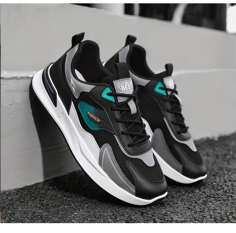 Men'S Breathable Running Sneakers with Gradient Design - Low-Top Lace-Up Casual Shoes, Durable PVC Sole, EVA Insole, Fashionable Black & White Patterns, Ideal for All Seasons Outdoor Activities