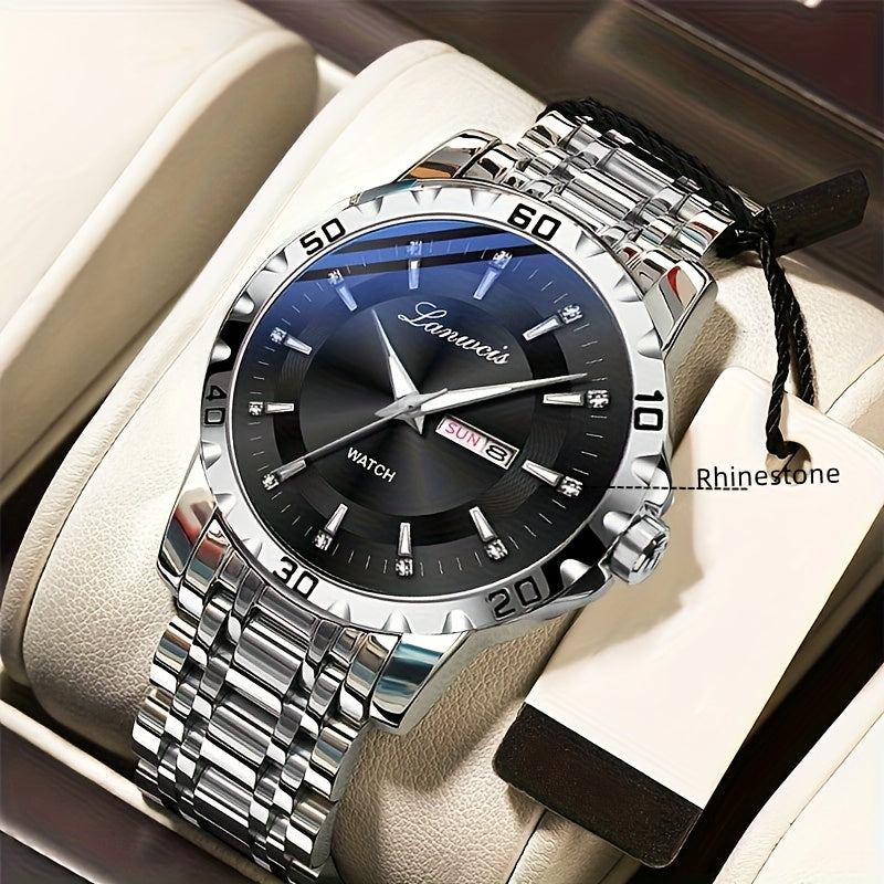 1pc Men's Business Style Stainless Steel Strap Watch - IPX7 Waterproof, Luminous Hands & Dial, Calendar & Week Display, Quartz Movement, Travel Leisure Sports Watch with Gift Box, Luxury Wristwatch | Sleek Metallic Finish | D