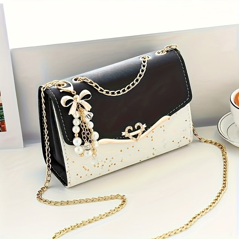 Elegant Bohemian Beige Crossbody Bag with Tassel Charm - Chic Urban Flap Shoulder Bag with Golden Chain Strap, Lightweight & Portable for Shopping, Office, College, Travel - Perfect Gift for Women, Occasion Theme, Valentine'S