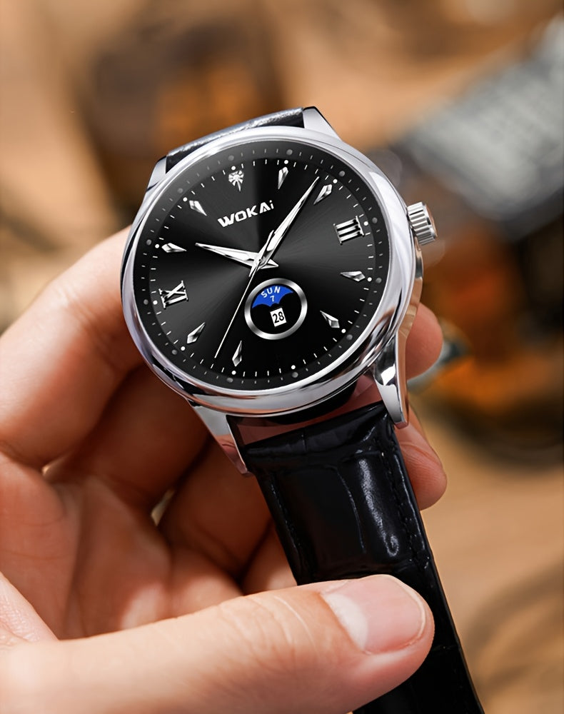 WOKAI Men's Sporty Watch with Glowing Dial, World Time & Date, Round Plastic Case, Faux Leather Strap, Battery-Powered, Perfect Gift for Spring & Summer