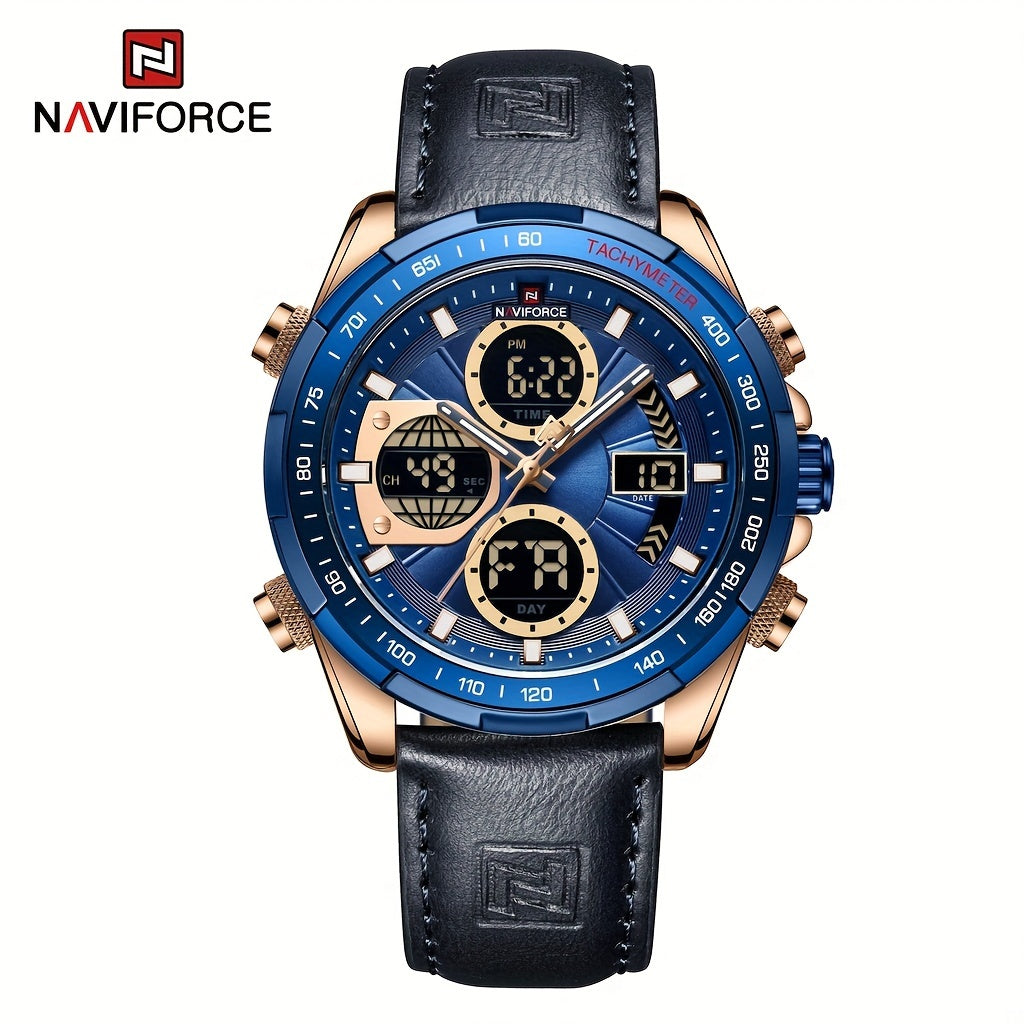 NAVIFORCE Men's Luxury Sports Quartz Watch - Waterproof, Genuine Leather Strap, Dual Display with Date & Chronograph Functions, Case, Green Accents, Luxury Timepiece|Tachymeter Equipped|Genuine Leather Band Valentine's Day