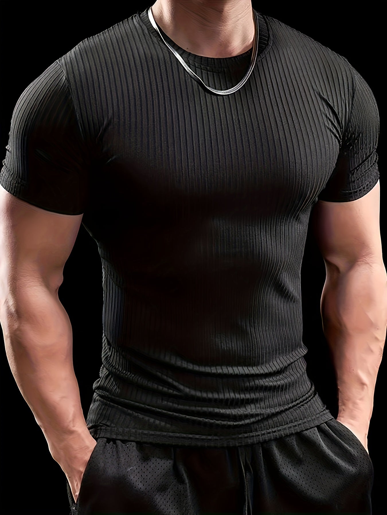 Men's Slim Fit Ribbed Short Sleeve T-Shirt - Stretchy Athletic & Casual Wear, Green, Round Neck, Machine Washable, Muscle-Enhancing Design, Gym Shirts