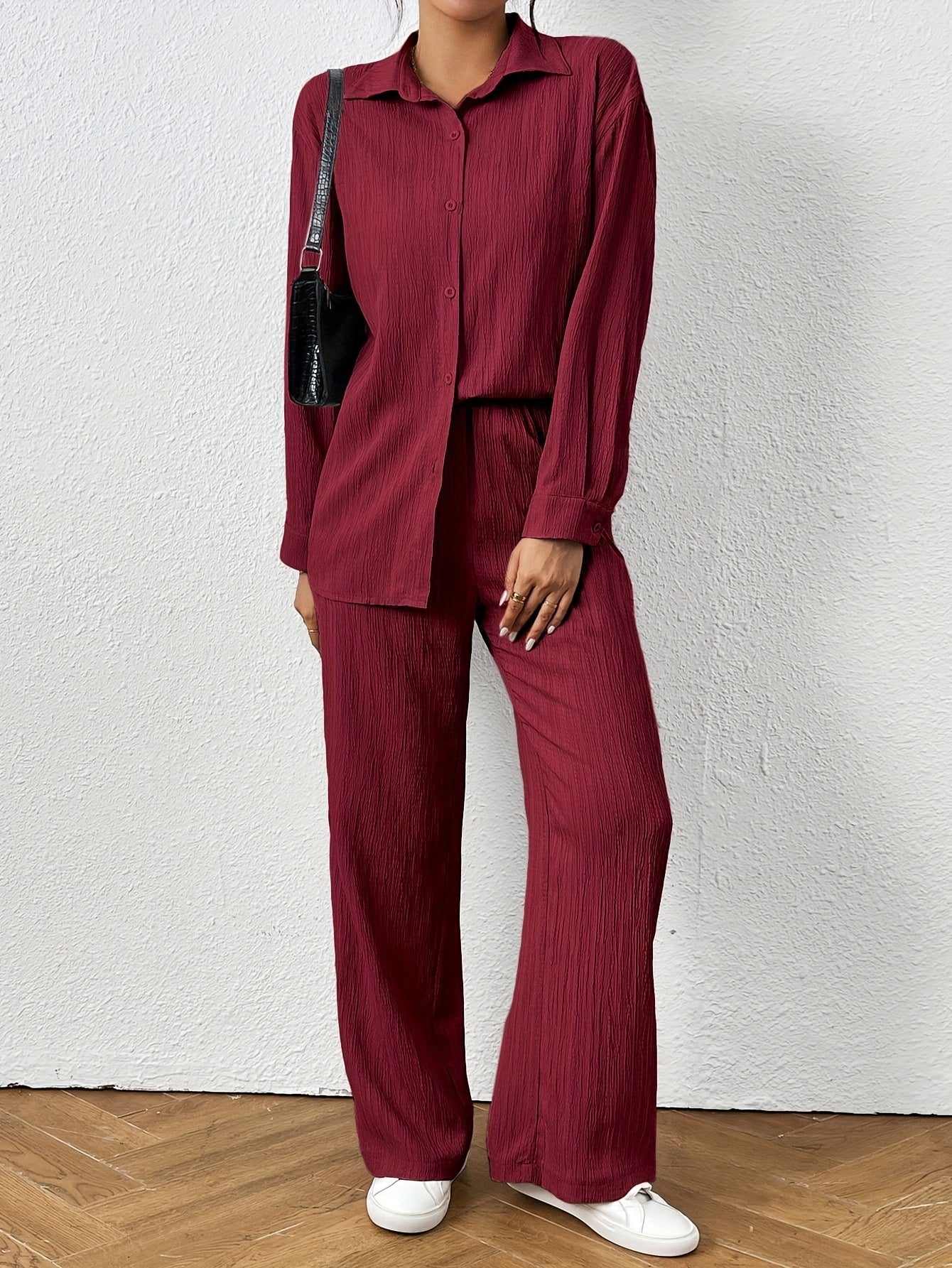 2pcs Women Spring & Autumn Casual Solid Color Long Sleeve Shirt And Pants Set