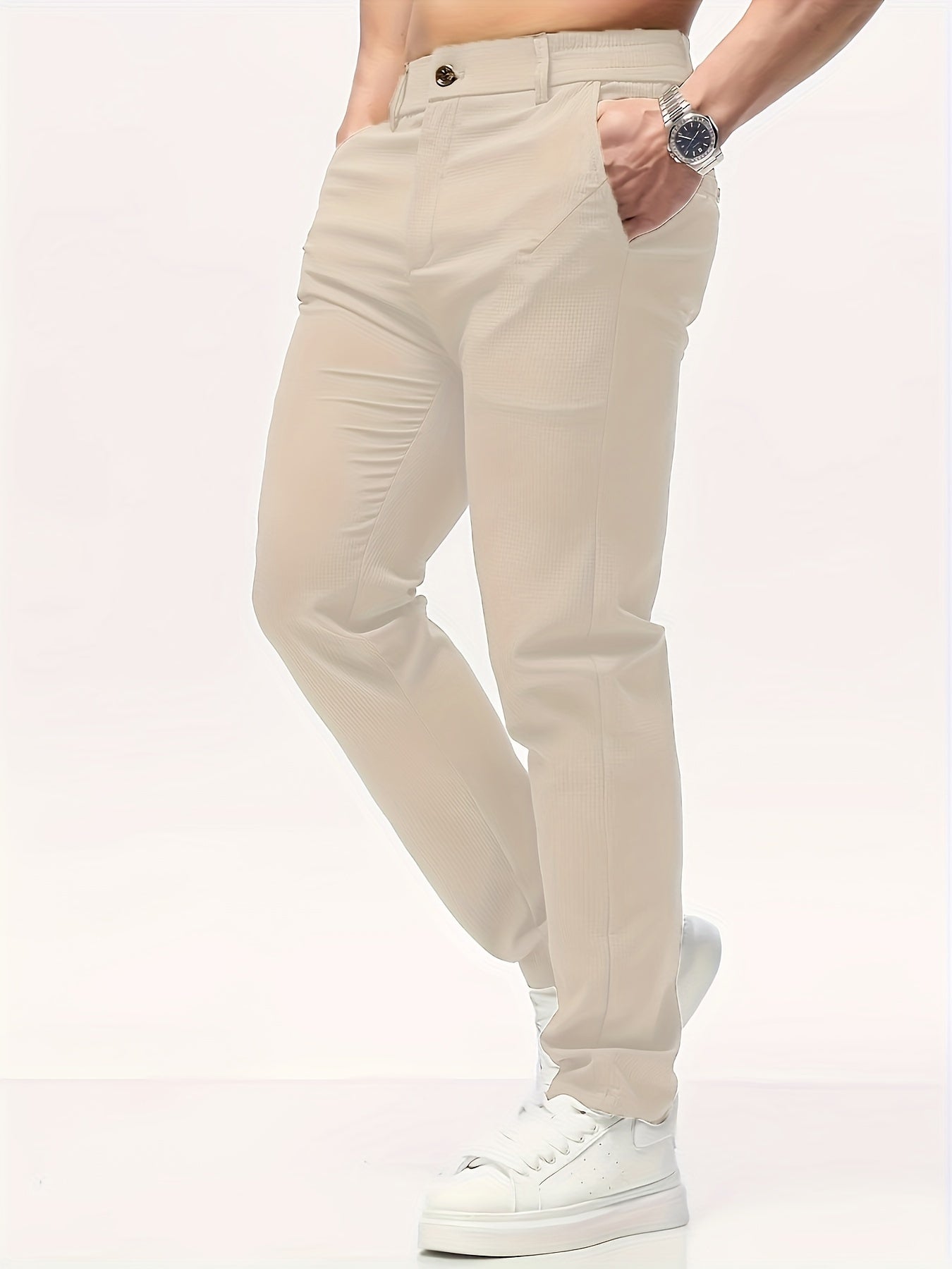 Men's Casual Solid Color Pants - Polyester, Machine Washable, Button Detail, Regular Fit for All Seasons