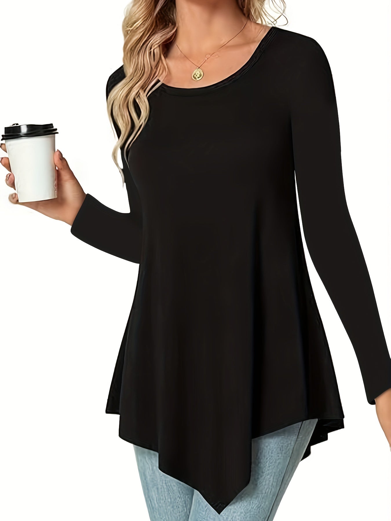 Women's Casual Long Sleeve Tunic Top, Polyester 95% Spandex 5% Knit Fabric, Solid Color Crew Neck Blouse for Spring/Summer/Fall, Spring Summer Blouse|Tunic Style|Solid Color Top