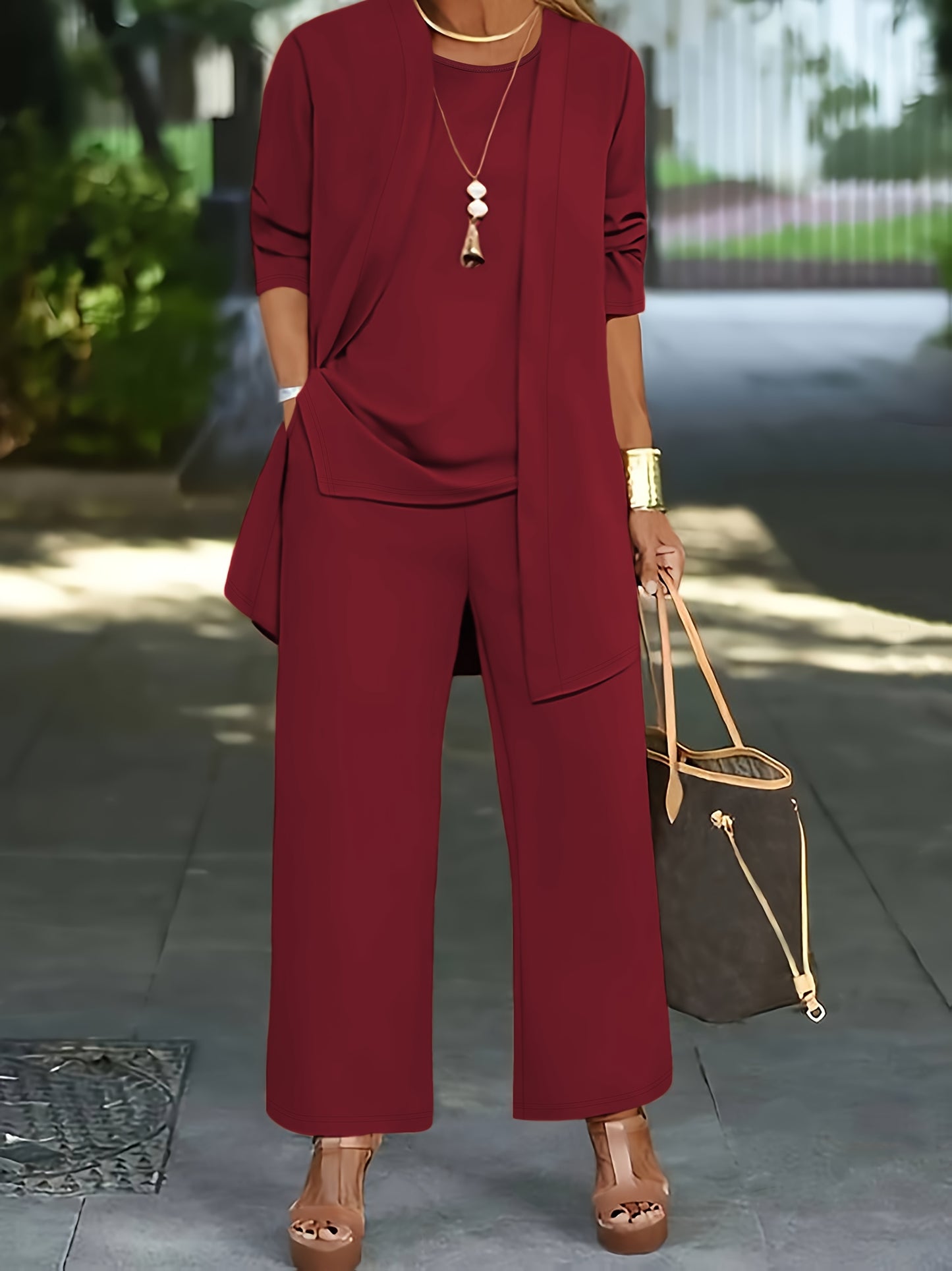 Plus Size - Spring and Autumn Women'S Simple Casual Solid Color Jacket Top Cardigan + Round Neck Sleeveless Vest + Elastic Waist Drape Pocket Straight Pants Three-Piece Set Commuting Suit